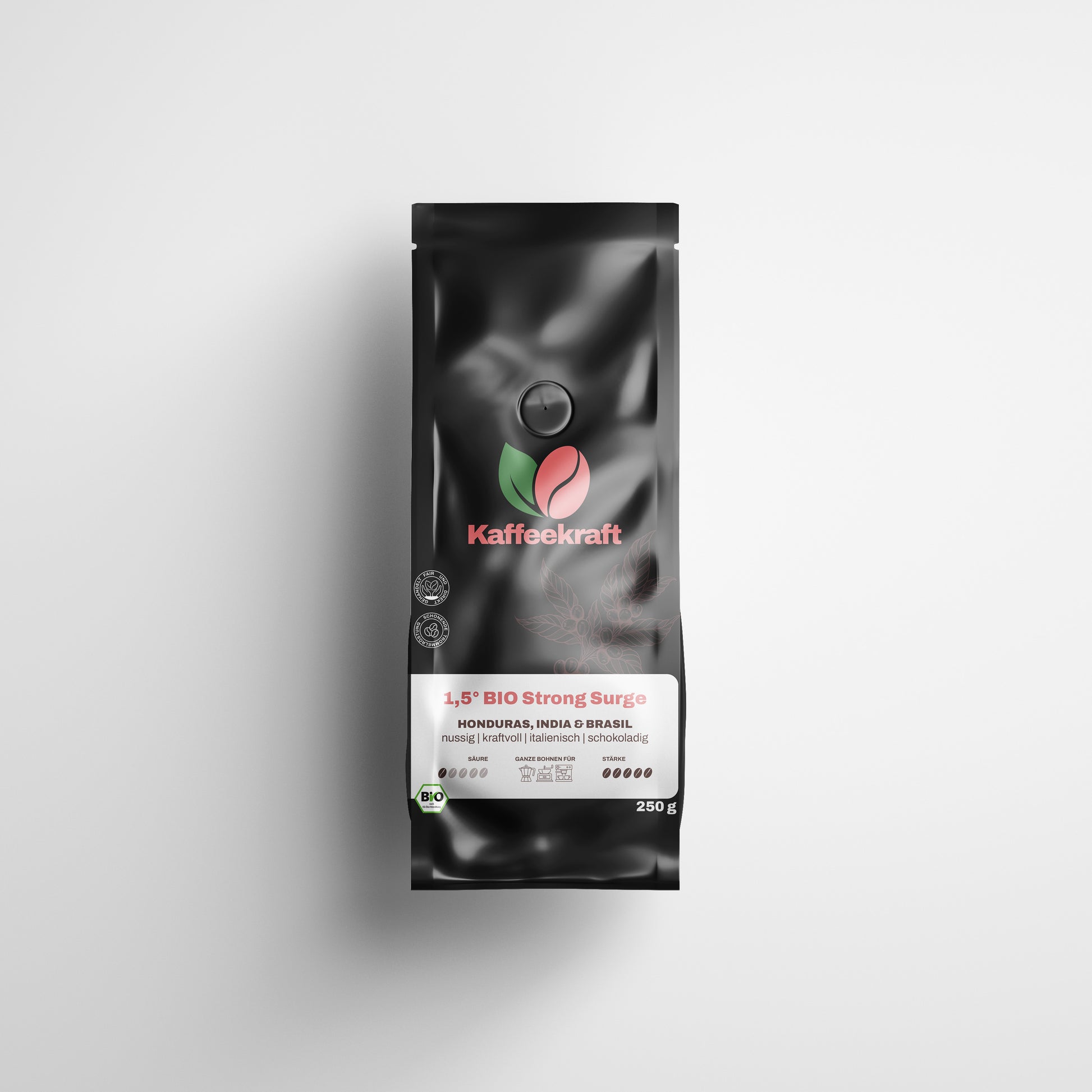 Ein Kaffeebeutel mit 1,5° Bio Strong Surge Kaffeebohnen