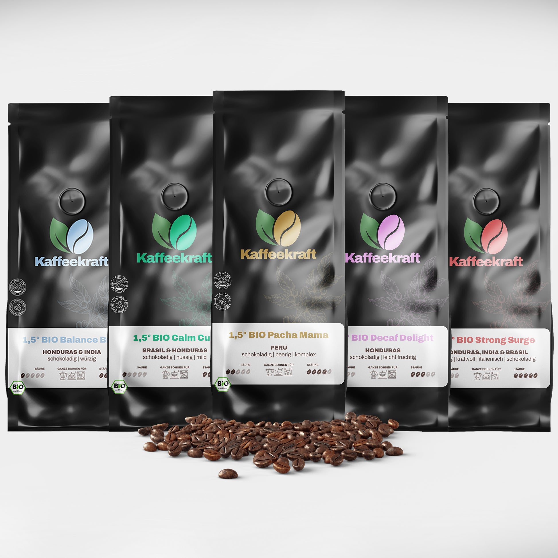 Ein Produktbild von dem 1,5° Bio Midday Time Set Kaffee der Firma Kaffeekraft