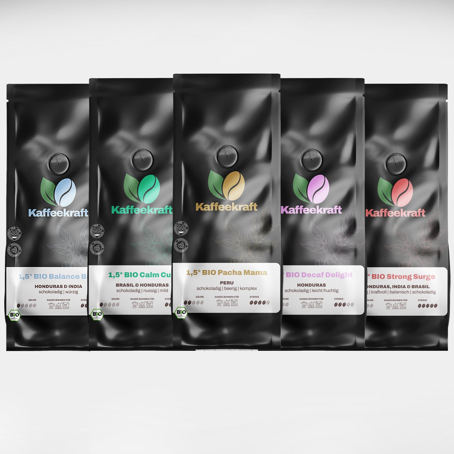 Ein Produktbild von dem 1,5° Bio Midday Time Set Kaffee der Firma Kaffeekraft