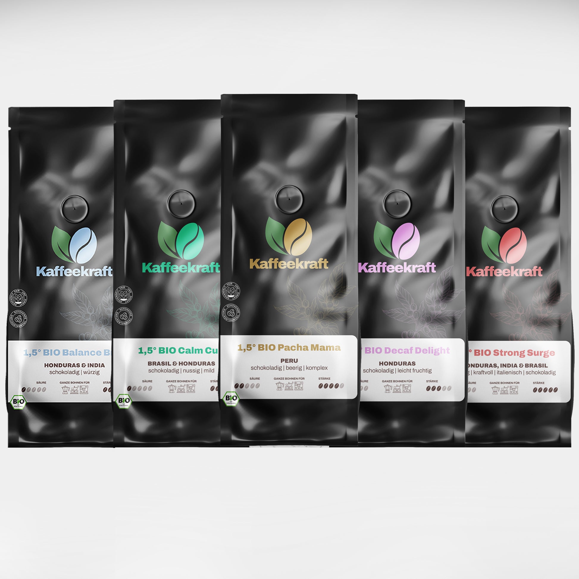 Ein Produktbild von dem 1,5° Bio Midday Time Set Kaffee der Firma Kaffeekraft